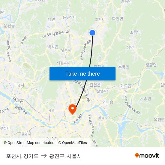 포천시, 경기도 to 광진구, 서울시 map