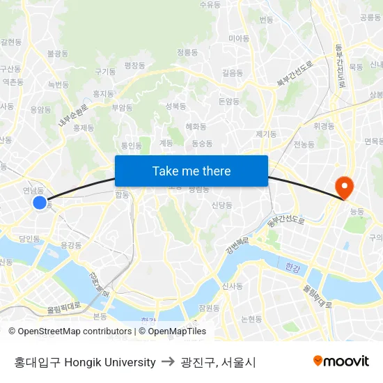 홍대입구 Hongik University to 광진구, 서울시 map