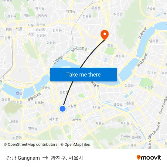 강남 Gangnam to 광진구, 서울시 map