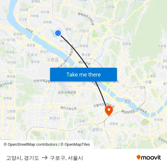 고양시, 경기도 to 구로구, 서울시 map