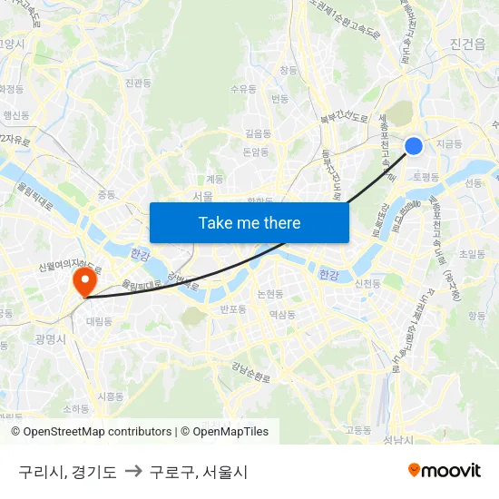 구리시, 경기도 to 구로구, 서울시 map