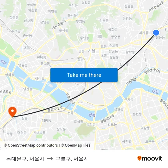 동대문구, 서울시 to 구로구, 서울시 map