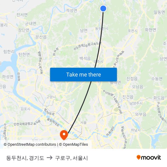 동두천시, 경기도 to 구로구, 서울시 map