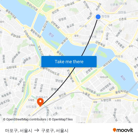 마포구, 서울시 to 구로구, 서울시 map
