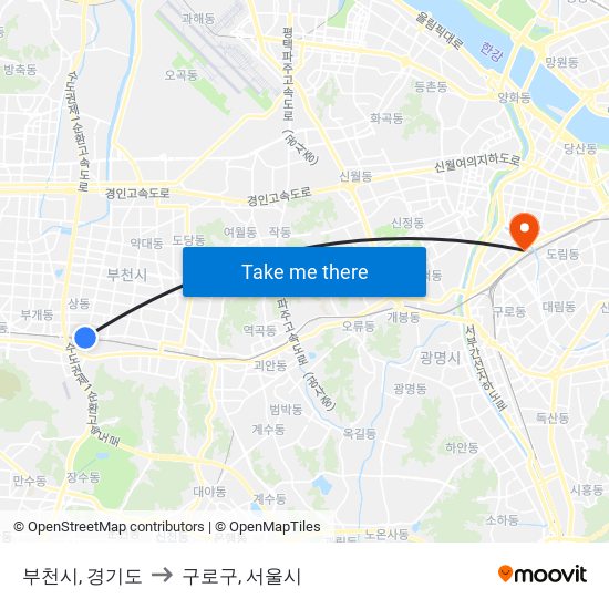 부천시, 경기도 to 구로구, 서울시 map