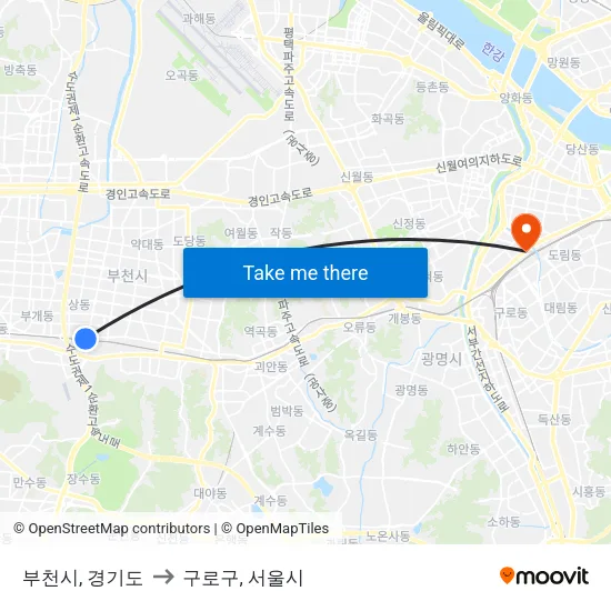 부천시, 경기도 to 구로구, 서울시 map