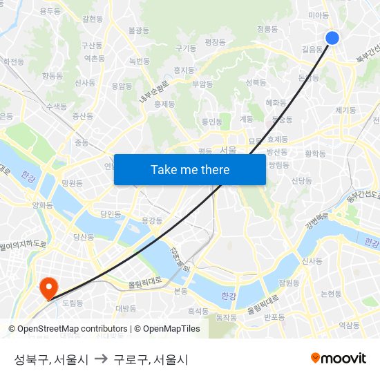 성북구, 서울시 to 구로구, 서울시 map