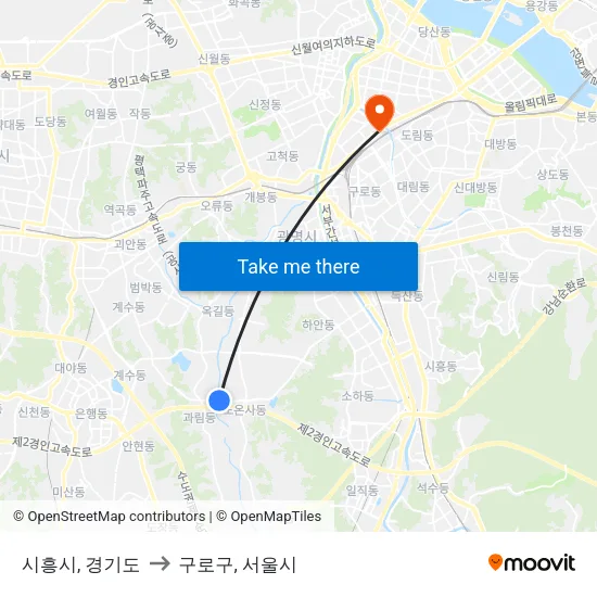 시흥시, 경기도 to 구로구, 서울시 map