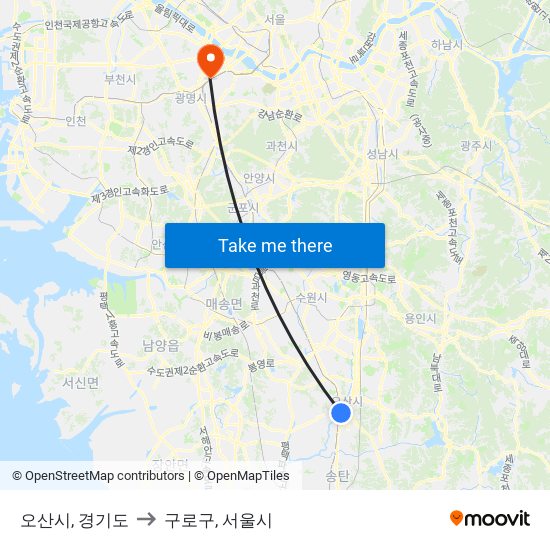 오산시, 경기도 to 구로구, 서울시 map