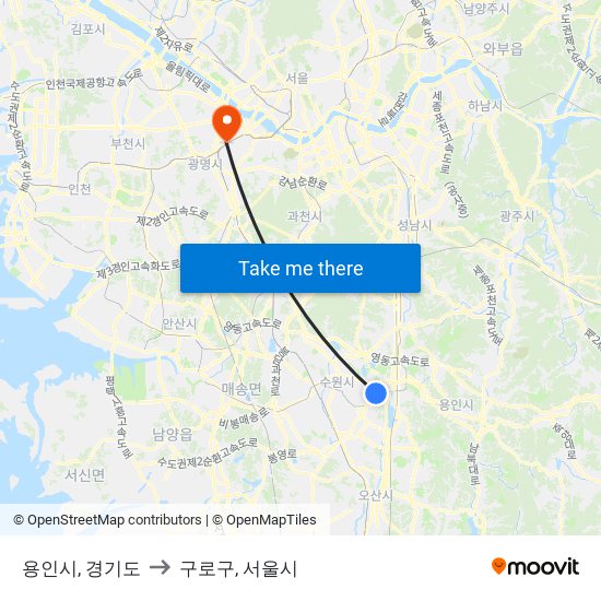 용인시, 경기도 to 구로구, 서울시 map