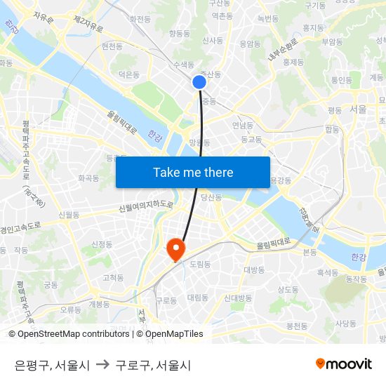 은평구, 서울시 to 구로구, 서울시 map