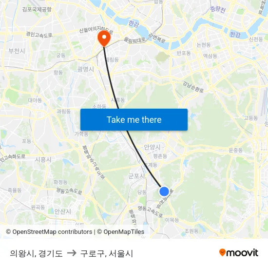 의왕시, 경기도 to 구로구, 서울시 map