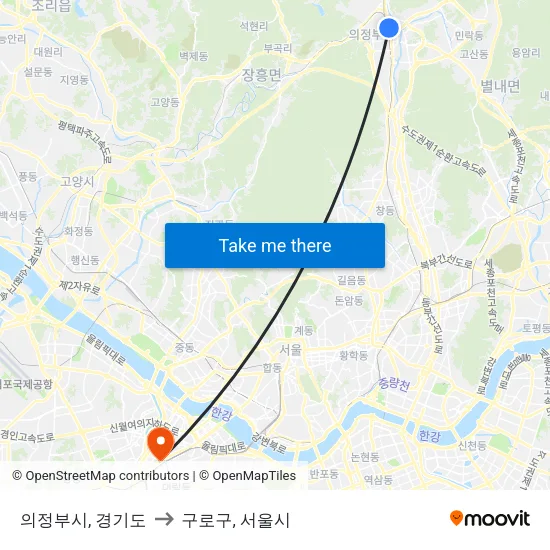 의정부시, 경기도 to 구로구, 서울시 map