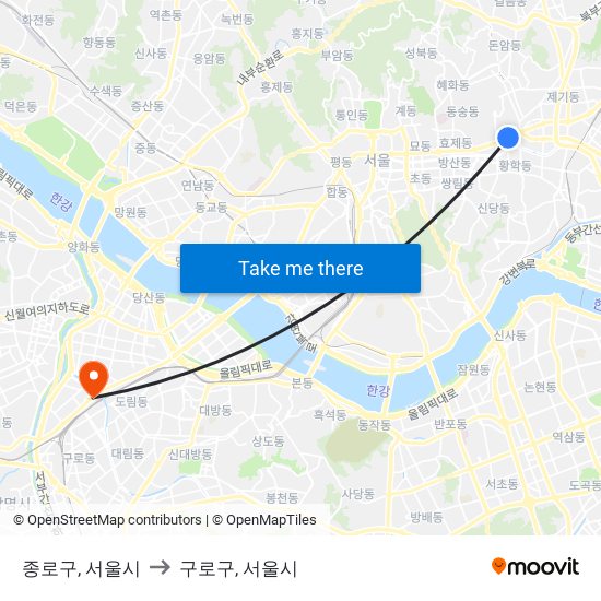 종로구, 서울시 to 구로구, 서울시 map