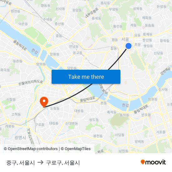 중구, 서울시 to 구로구, 서울시 map