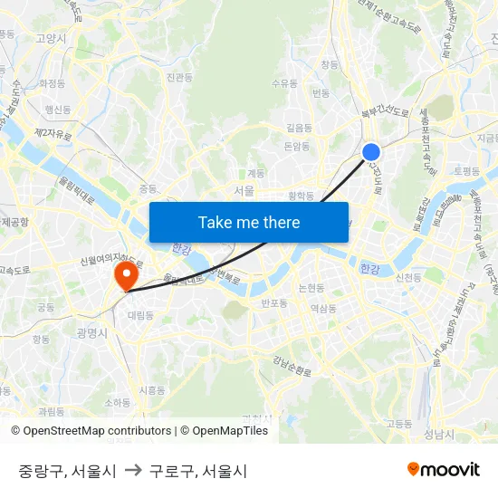 중랑구, 서울시 to 구로구, 서울시 map