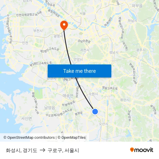 화성시, 경기도 to 구로구, 서울시 map
