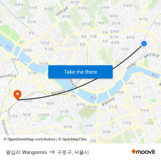 왕십리 Wangsimni to 구로구, 서울시 map