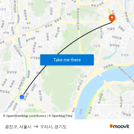 광진구, 서울시 to 구리시, 경기도 map