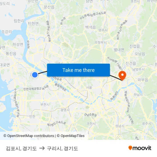 김포시, 경기도 to 구리시, 경기도 map