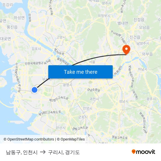 남동구, 인천시 to 구리시, 경기도 map