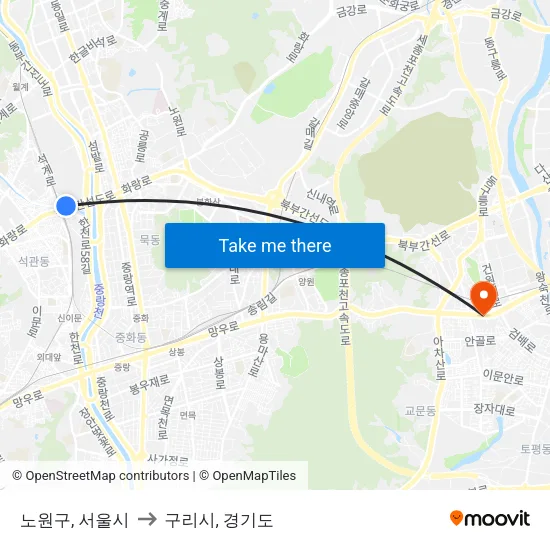 노원구, 서울시 to 구리시, 경기도 map