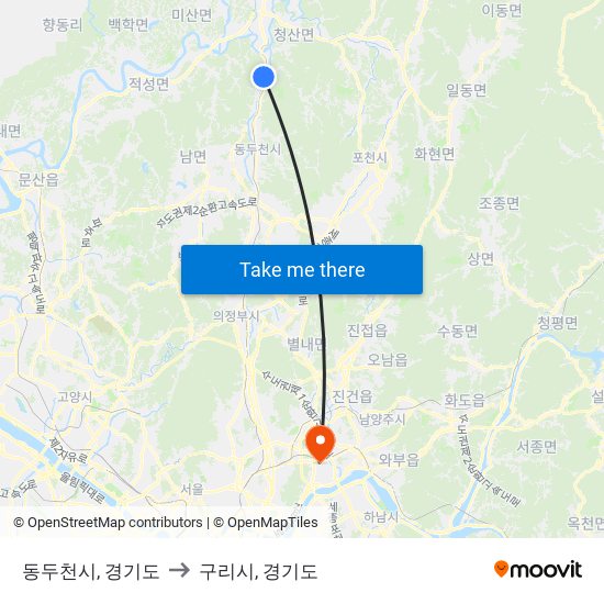 동두천시, 경기도 to 구리시, 경기도 map