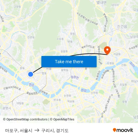 마포구, 서울시 to 구리시, 경기도 map