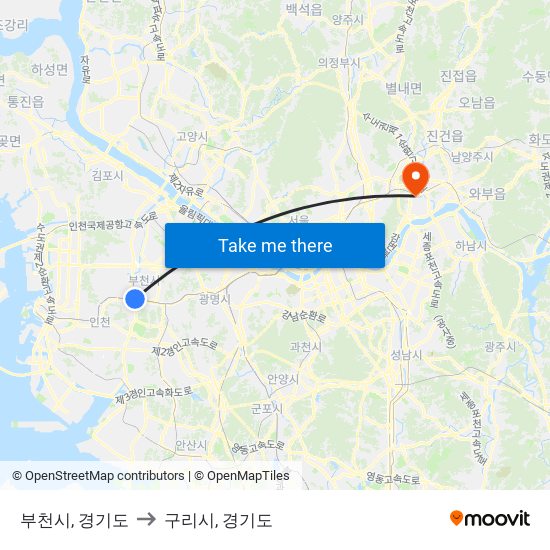 부천시, 경기도 to 구리시, 경기도 map