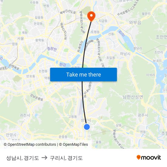 성남시, 경기도 to 구리시, 경기도 map