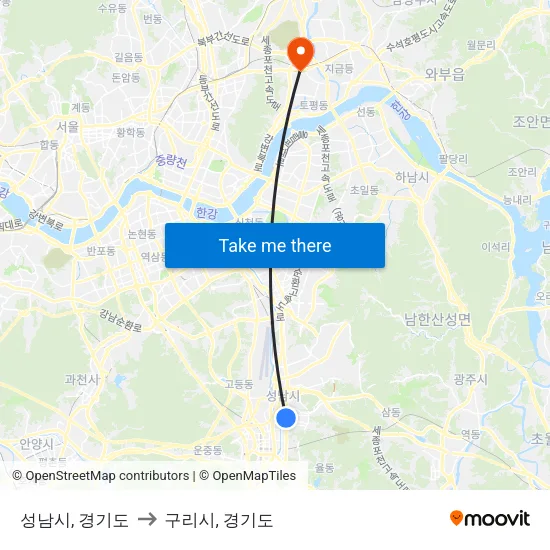 성남시, 경기도 to 구리시, 경기도 map