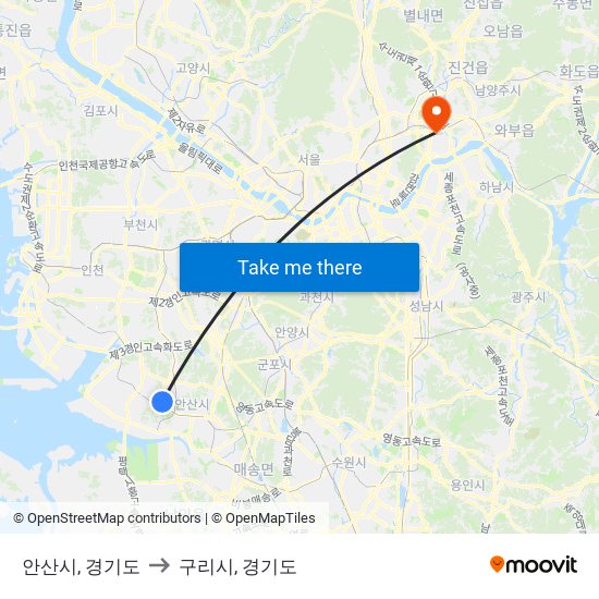 안산시, 경기도 to 구리시, 경기도 map
