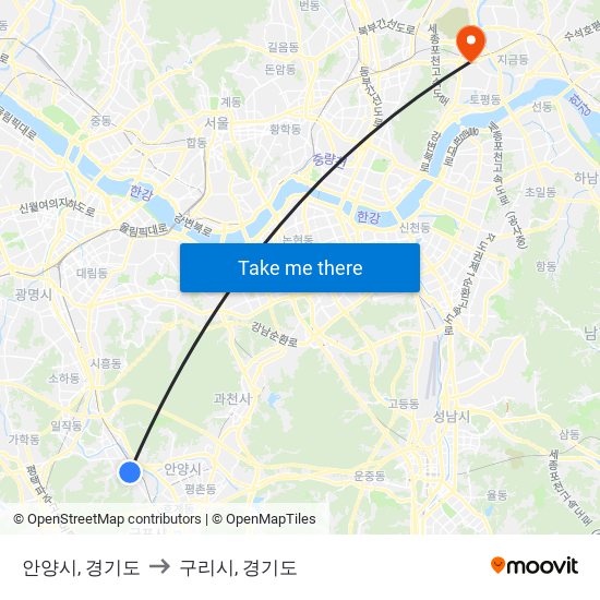 안양시, 경기도 to 구리시, 경기도 map