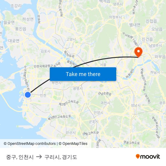 중구, 인천시 to 구리시, 경기도 map