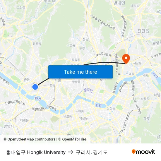 홍대입구 Hongik University to 구리시, 경기도 map