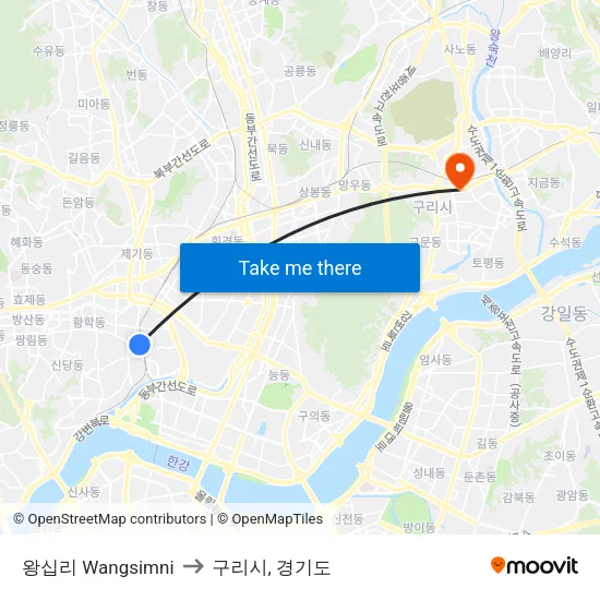 왕십리 Wangsimni to 구리시, 경기도 map