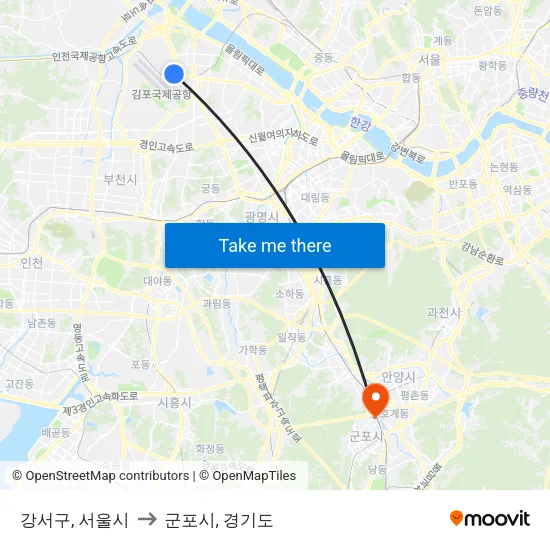 강서구, 서울시 to 군포시, 경기도 map