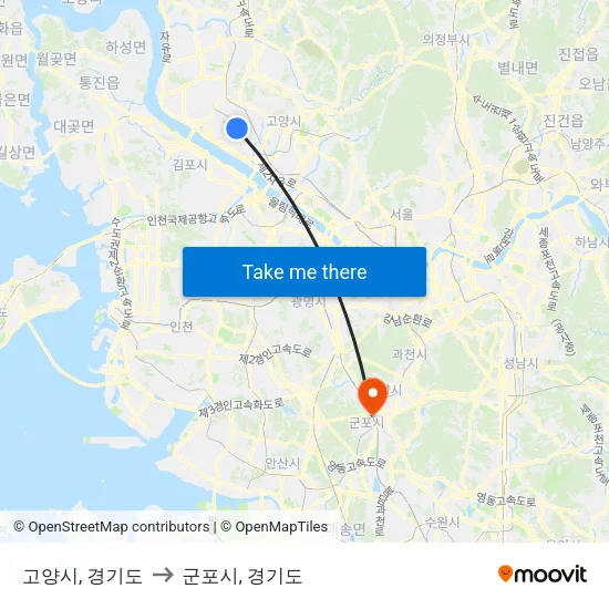 고양시, 경기도 to 군포시, 경기도 map