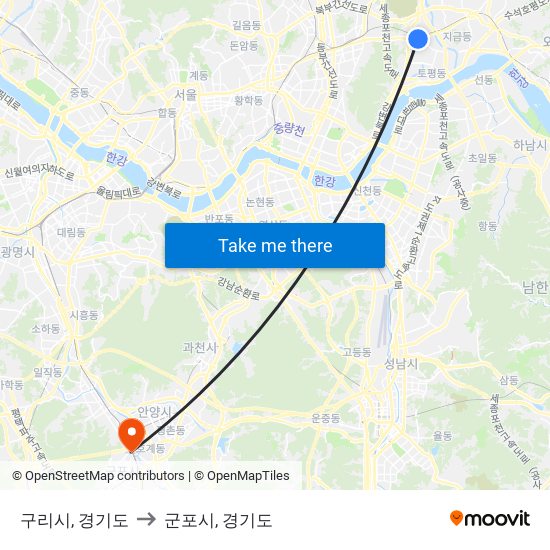 구리시, 경기도 to 군포시, 경기도 map