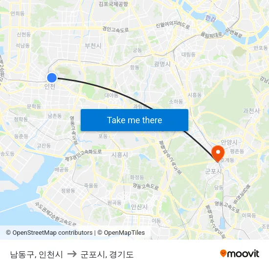 남동구, 인천시 to 군포시, 경기도 map