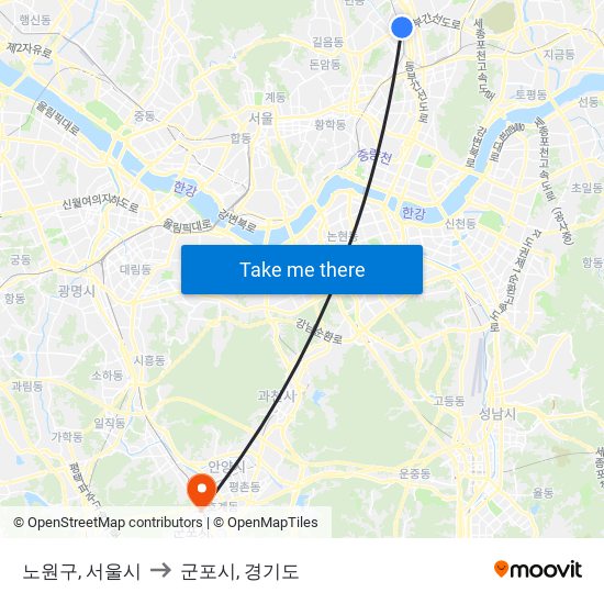 노원구, 서울시 to 군포시, 경기도 map