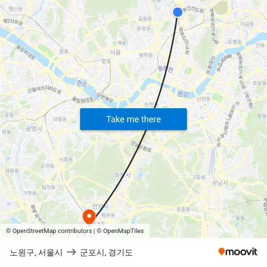 노원구, 서울시 to 군포시, 경기도 map
