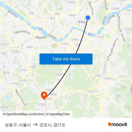 성동구, 서울시 to 군포시, 경기도 map
