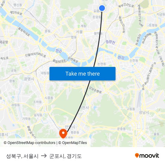 성북구, 서울시 to 군포시, 경기도 map