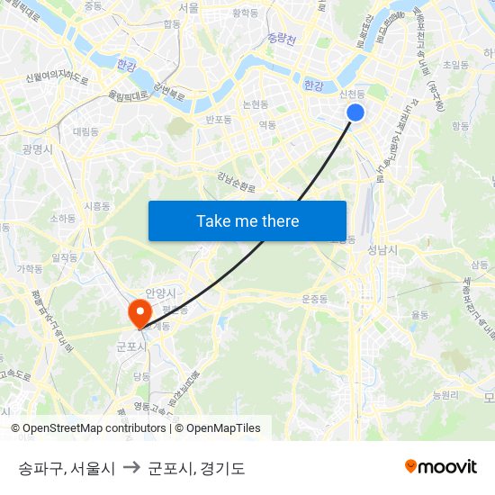 송파구, 서울시 to 군포시, 경기도 map