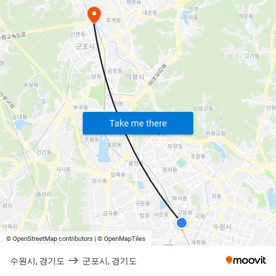 수원시, 경기도 to 군포시, 경기도 map