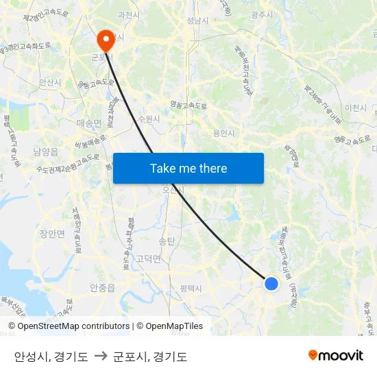 안성시, 경기도 to 군포시, 경기도 map