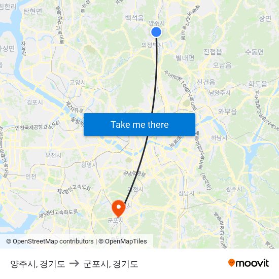 양주시, 경기도 to 군포시, 경기도 map