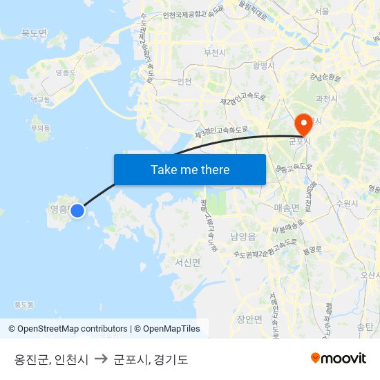 옹진군, 인천시 to 군포시, 경기도 map