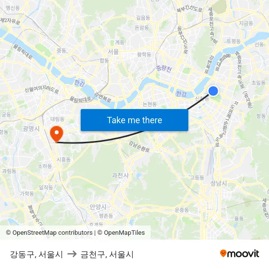 강동구, 서울시 to 금천구, 서울시 map